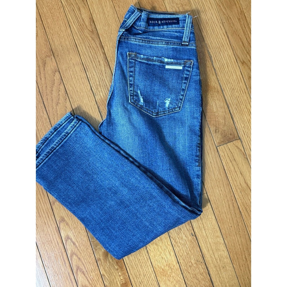 Rock & Republic Kendall Blue Straight Leg Distressed Zipper Jeans Womens 2‎